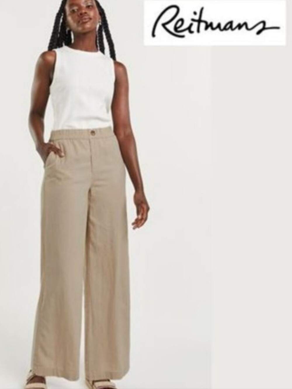High waisted - REITMANS WIDE LEG LINEN PANTS Elastic waist Summer Trouser